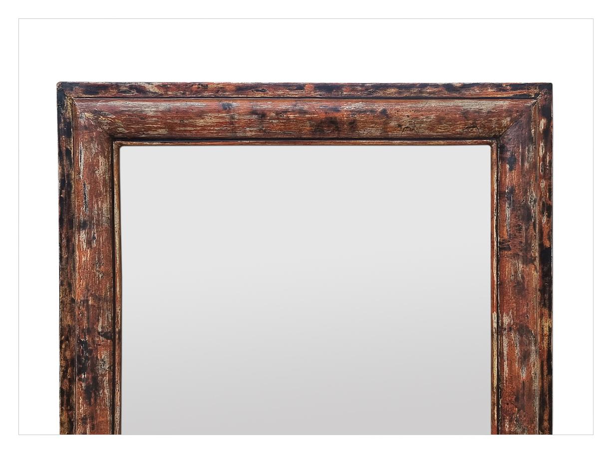 Patinated Antique French Painted Wood Wall Mirror In Patina Ochre Colors, circa 1950 For Sale