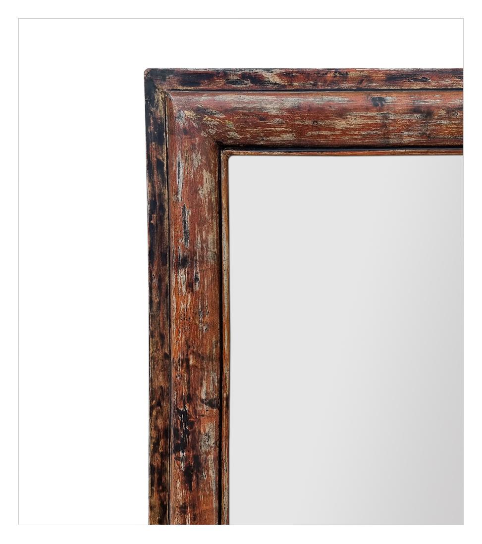 Antique French Painted Wood Wall Mirror In Patina Ochre Colors, circa 1950 In Good Condition For Sale In Paris, FR