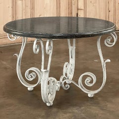 Antique French Painted Wrought Iron Round Coffee Table with Black Marble