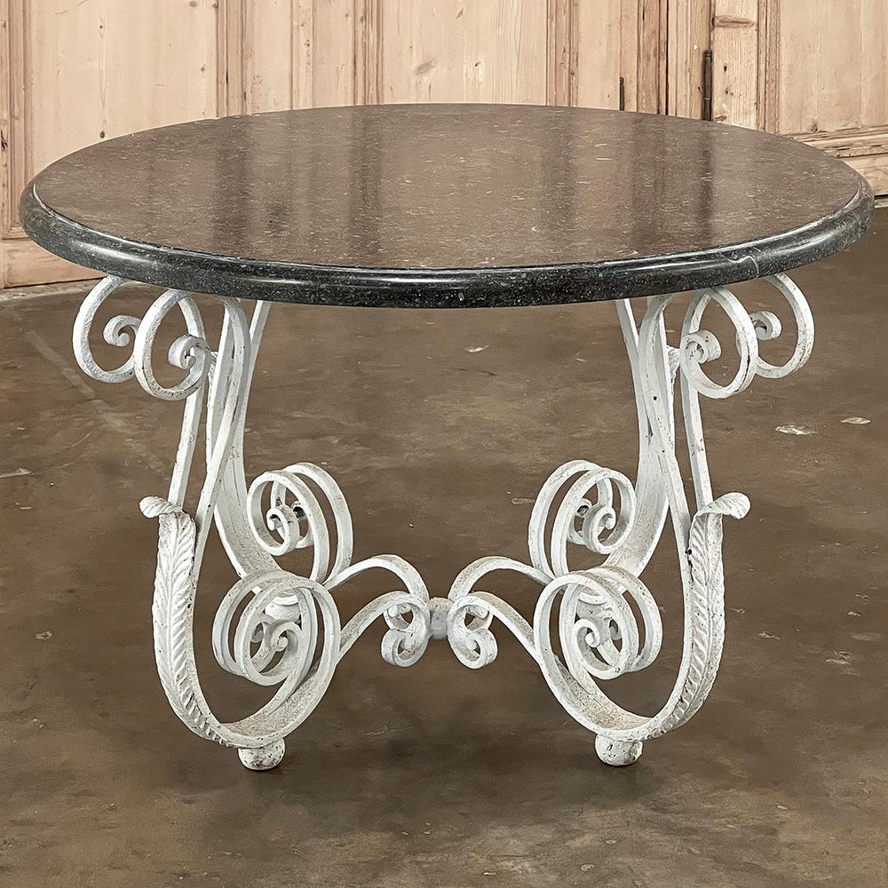 French Provincial Antique French Painted Wrought Iron Round Coffee Table with Black Marble For Sale