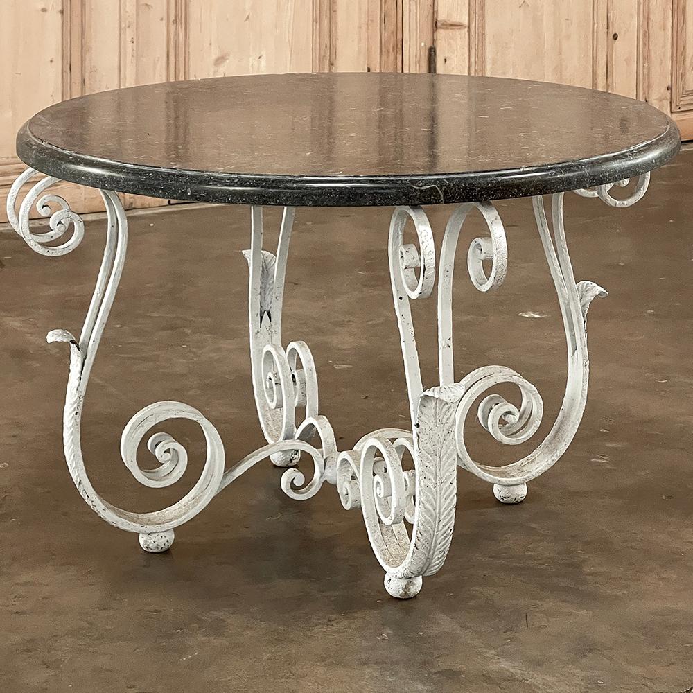 Hand-Crafted Antique French Painted Wrought Iron Round Coffee Table with Black Marble For Sale