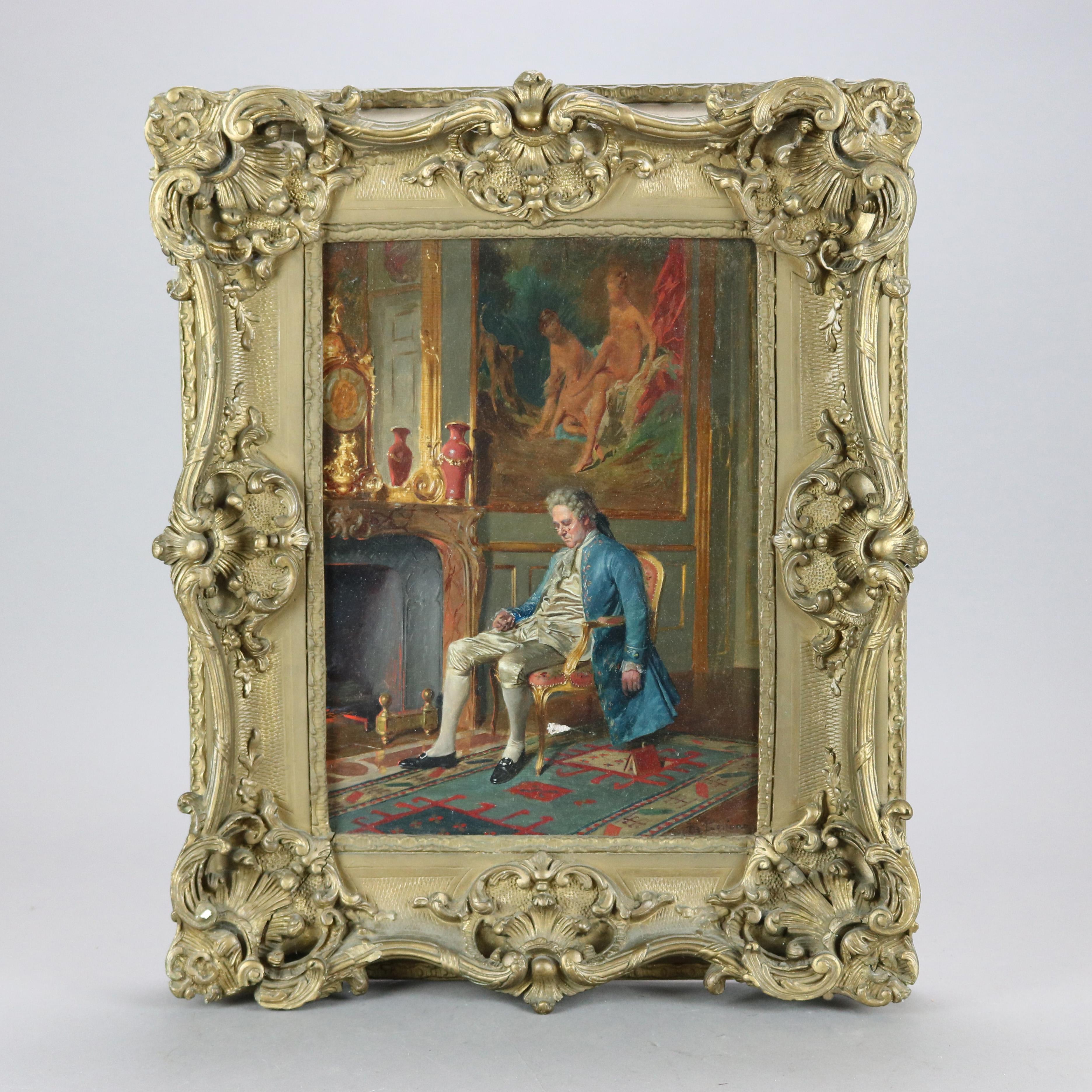 An antique painting by Bernard Louis Borione offers oil on wood board genre scene of gentleman in parlor setting, artist signed lower right, seated in giltwood frame, c1870

Measures - 19''h x 14.75''w x 2.75''d

Additional Information:
Bernard