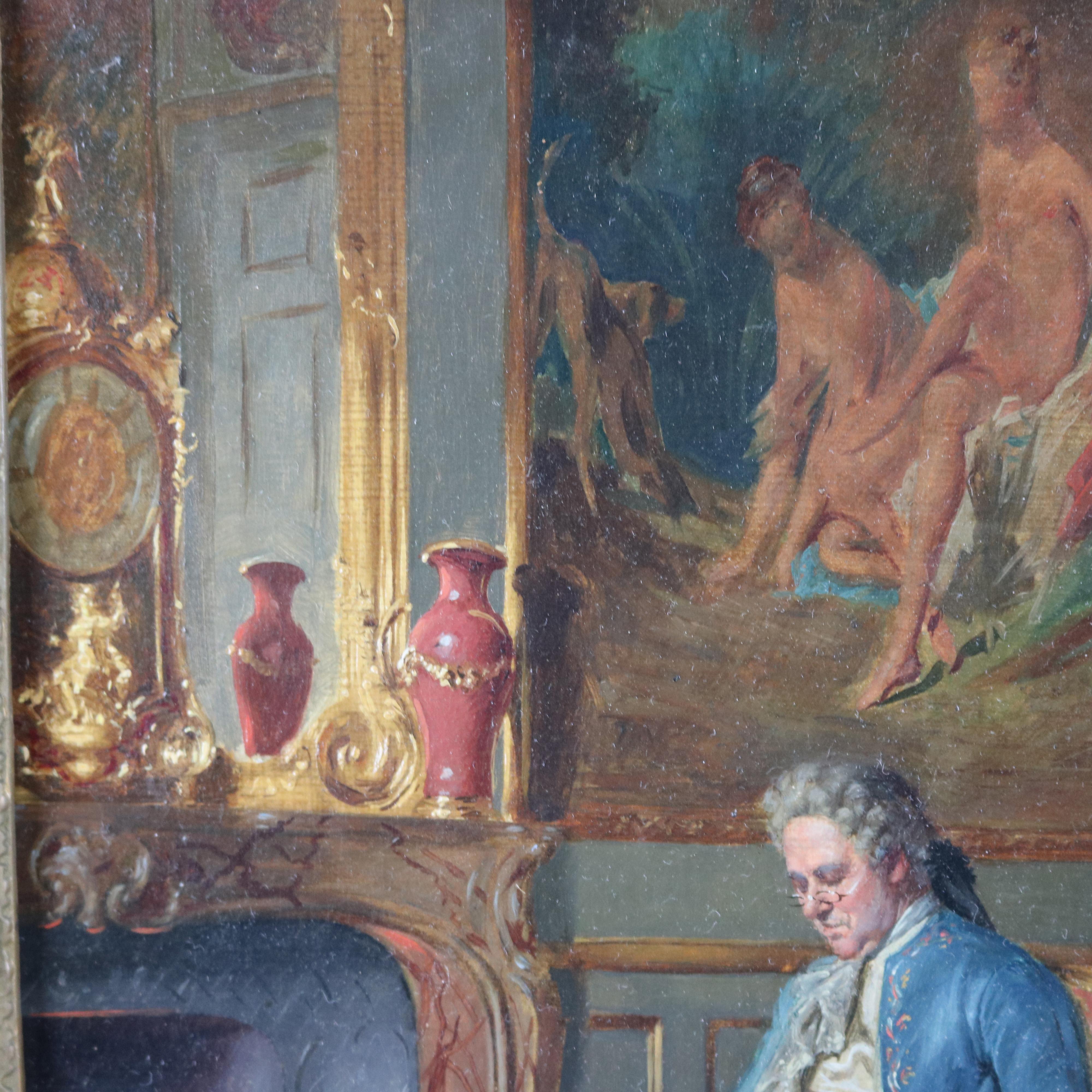 Antique French Painting Genre Interior Parlor Scene Signed Borione, c1870 In Good Condition In Big Flats, NY