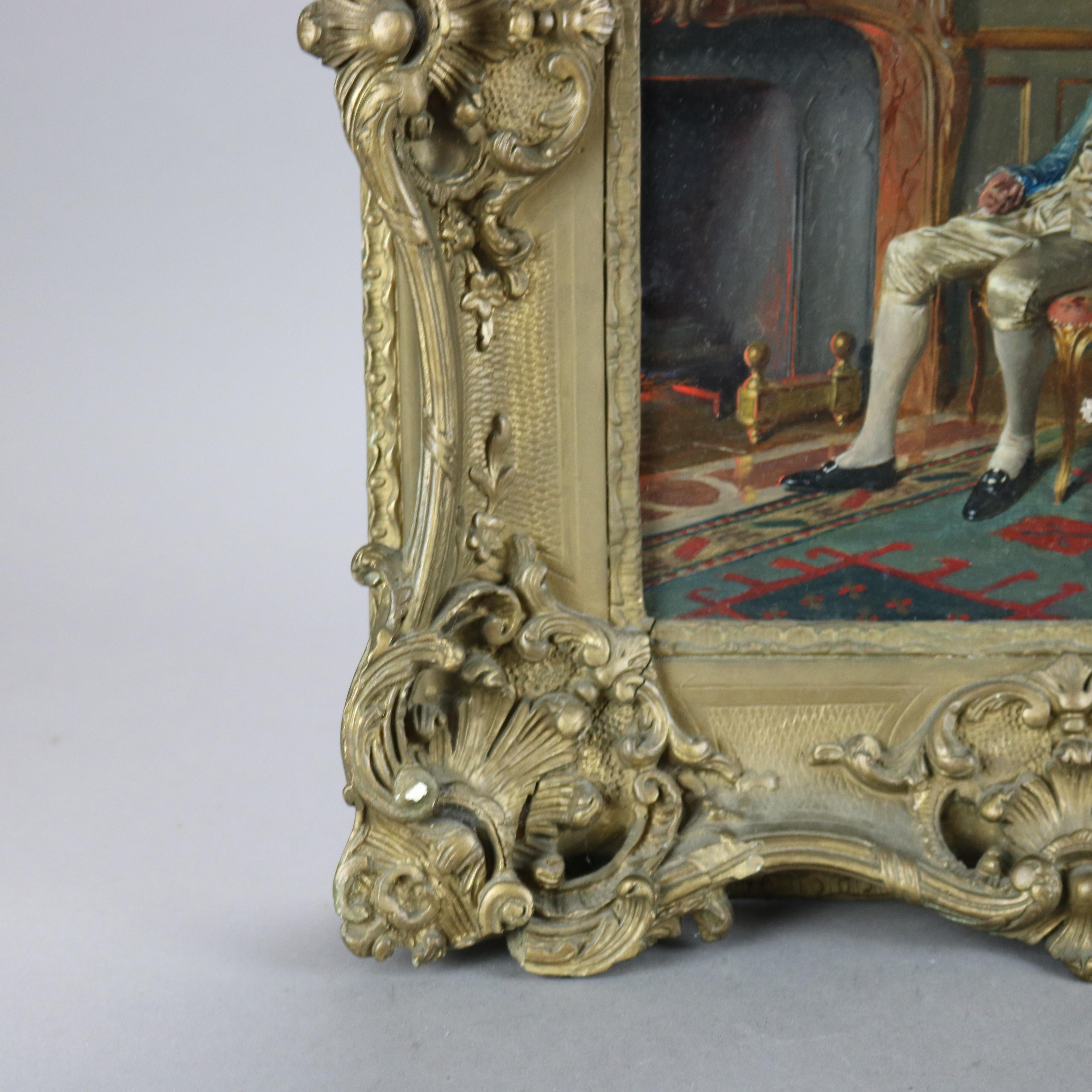 19th Century Antique French Painting Genre Interior Parlor Scene Signed Borione, c1870