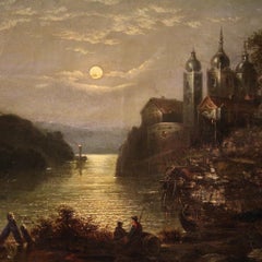 Antique French Painting Night Landscape from the 19th Century