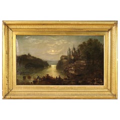 Antique French Painting Night Landscape from the 19th Century