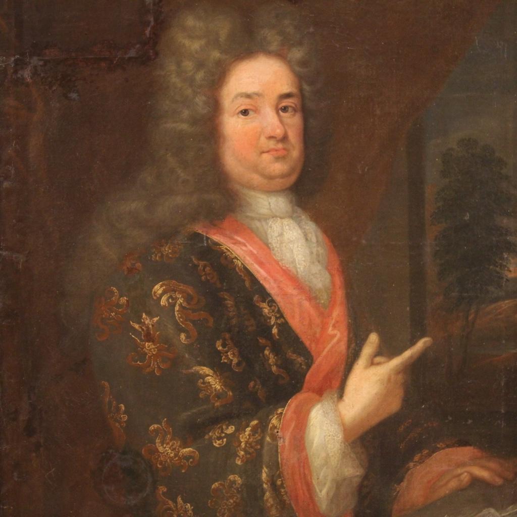 Ancient painting French of the late 18th century. Opera ad oil on canvas depicting a portrait of a gentleman (noble) with a wig of good pictorial quality. Modern carved wooden frame in golden beautiful decoration (see photo). Picture of excellent