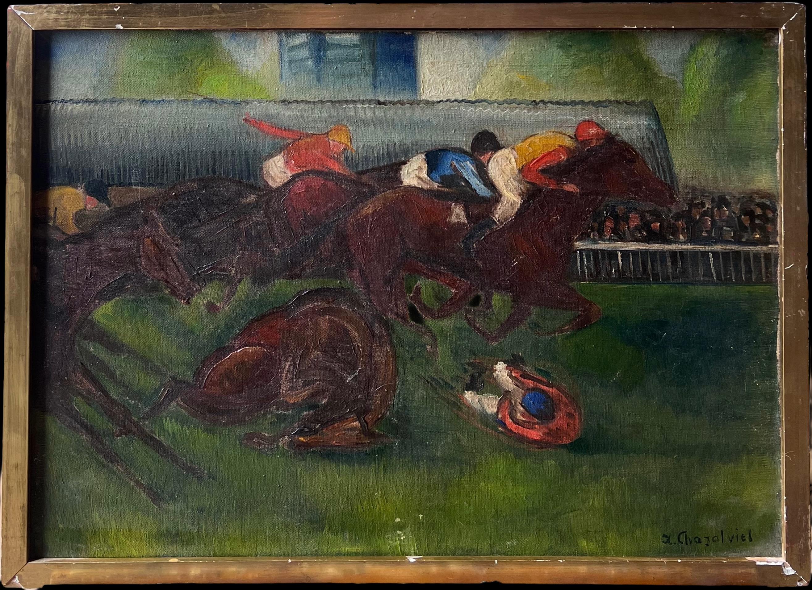 Expressionniste français des années 1930 Scène de course de chevaux Jockeys à pleine allure Huile signée - Painting de Antique French