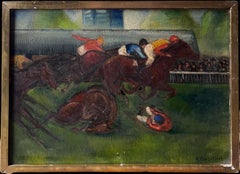 1930's French Expressionist Horse Racing Scene Jockeys at Full Pace Signed Oil