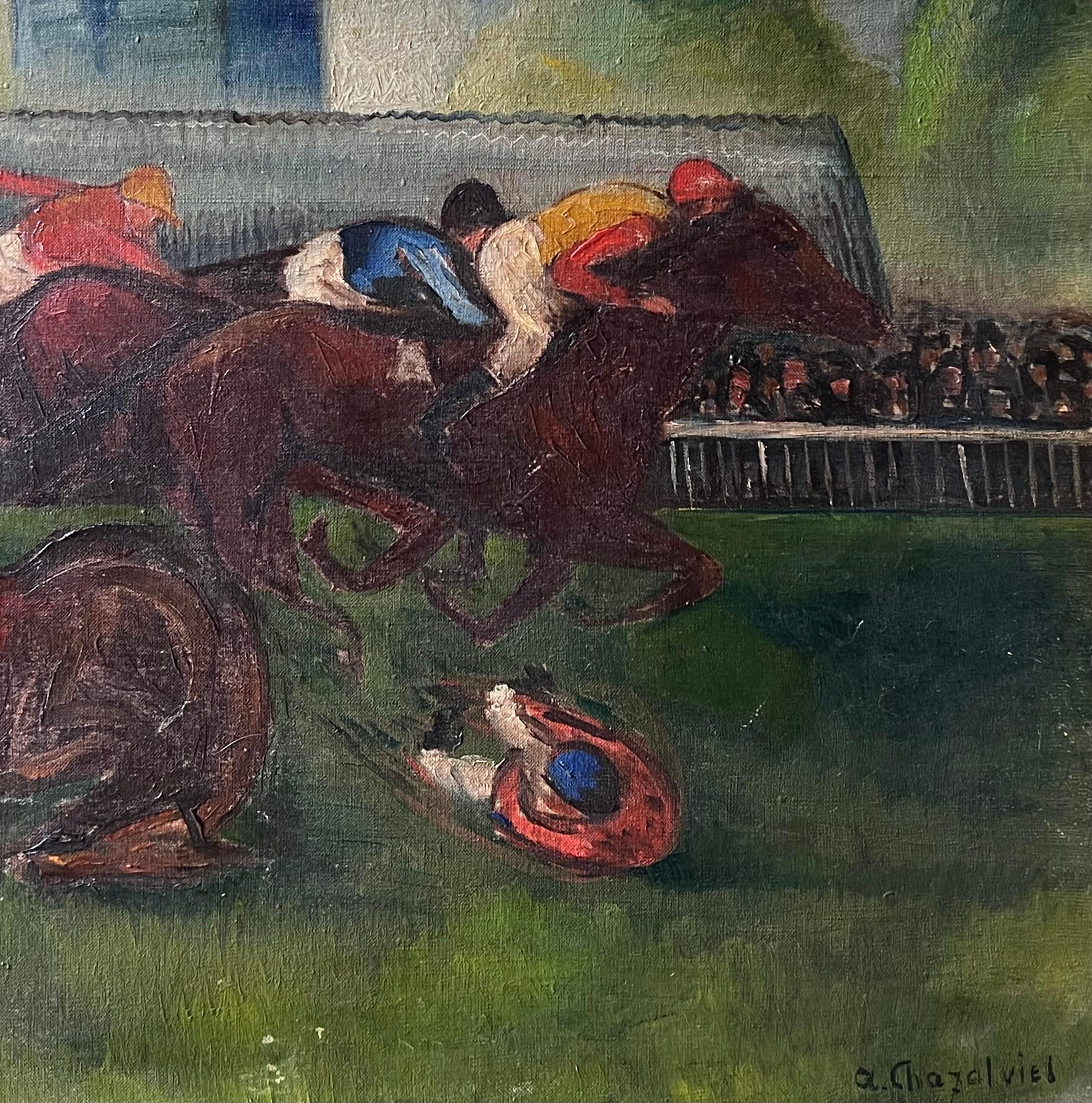 Expressionniste français des années 1930 Scène de course de chevaux Jockeys à pleine allure Huile signée - Noir Landscape Painting par Antique French