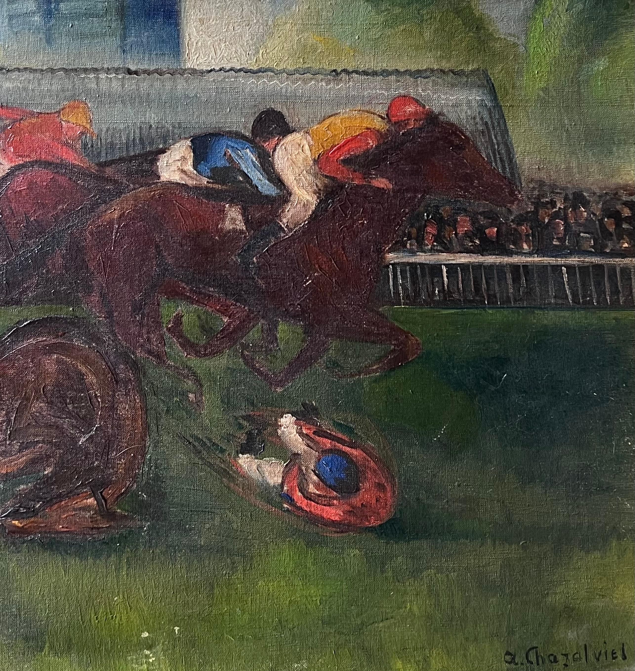 Scène des courses de chevaux
par Alain Chazalviel (première moitié du 20e siècle)
signé en en bas à droite
huile sur toile, encadrée
encadré : 19.5 x 27 pouces
toile : 18 x 28 pouces
Provenance : collection privée, France
Condit : très bon état avec