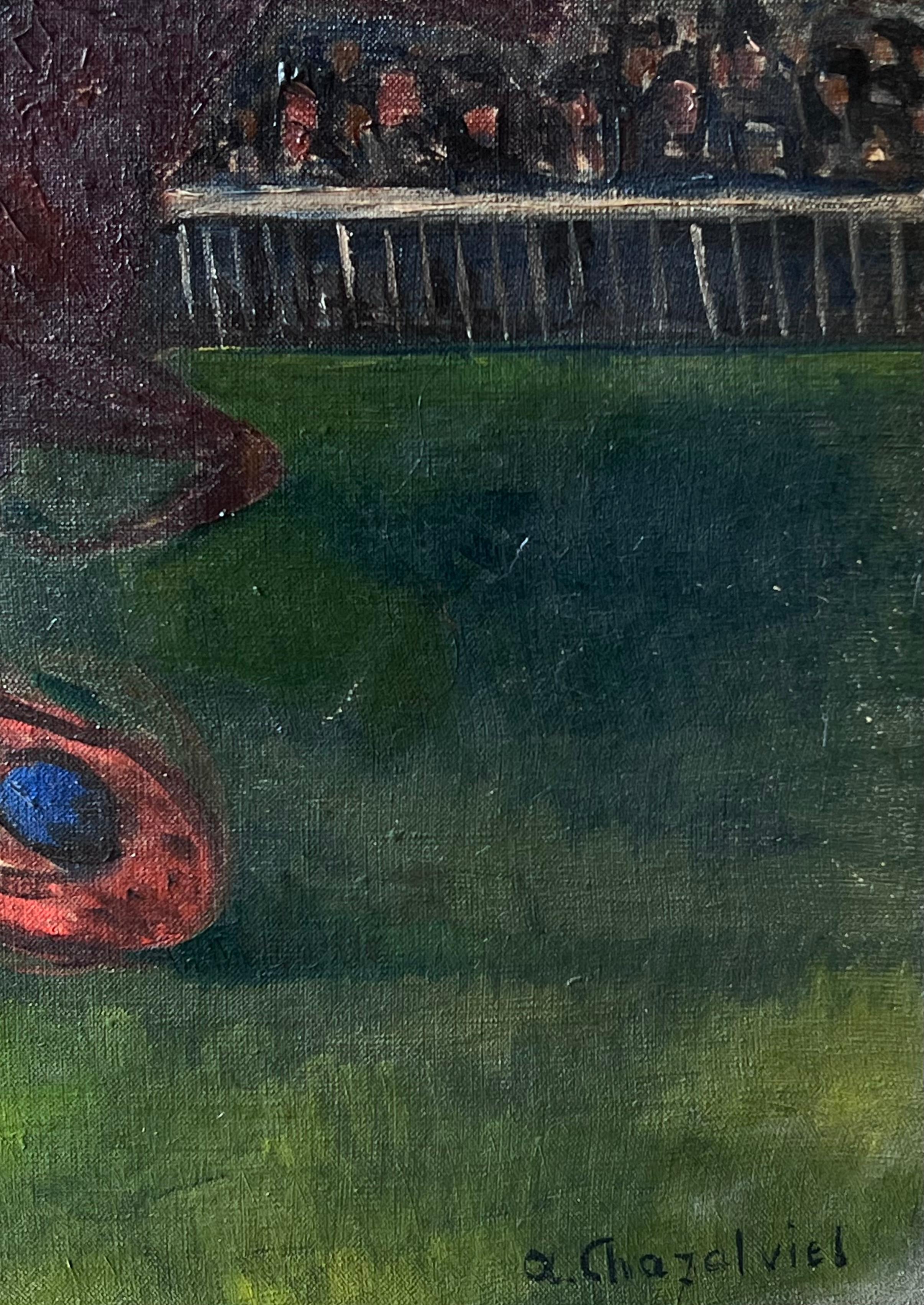 Expressionniste français des années 1930 Scène de course de chevaux Jockeys à pleine allure Huile signée en vente 1