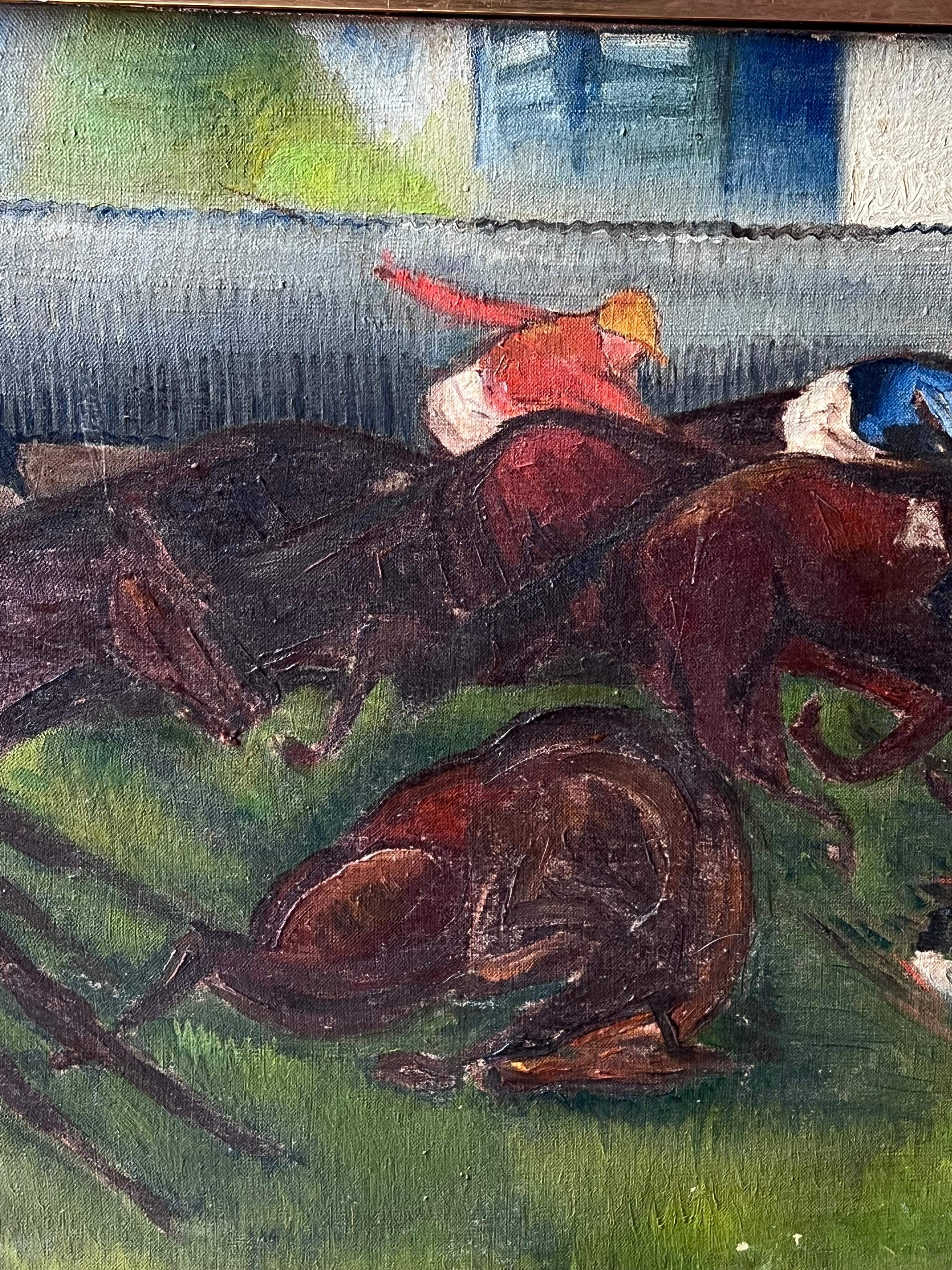Expressionniste français des années 1930 Scène de course de chevaux Jockeys à pleine allure Huile signée en vente 2
