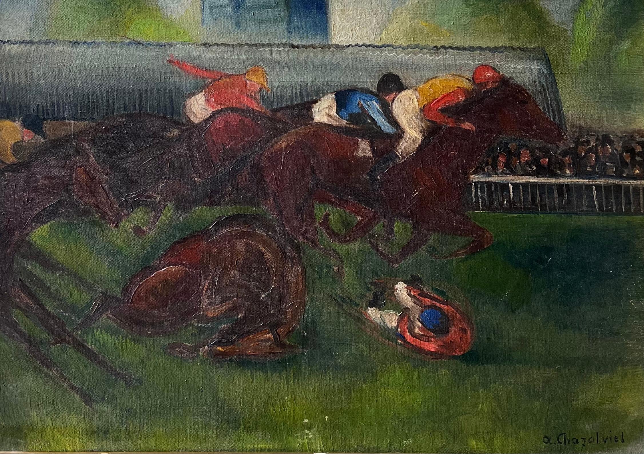 1930er Jahre Französisch Expressionist Pferderennen Szene Jockeys bei voller Fahrt signiert Öl