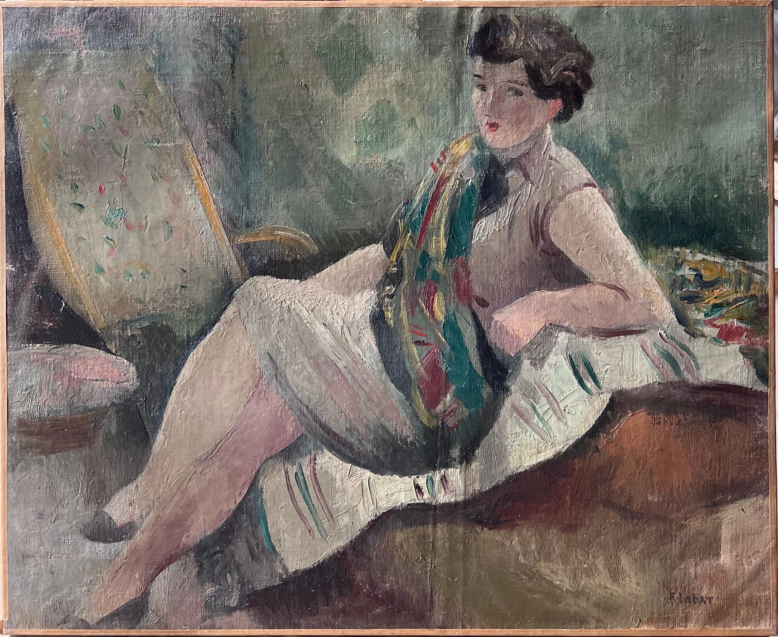 1930's Französisch Post Impressionist signiert Porträt Dame Künstler Studio Interieur (Französische Schule), Painting, von Antique French