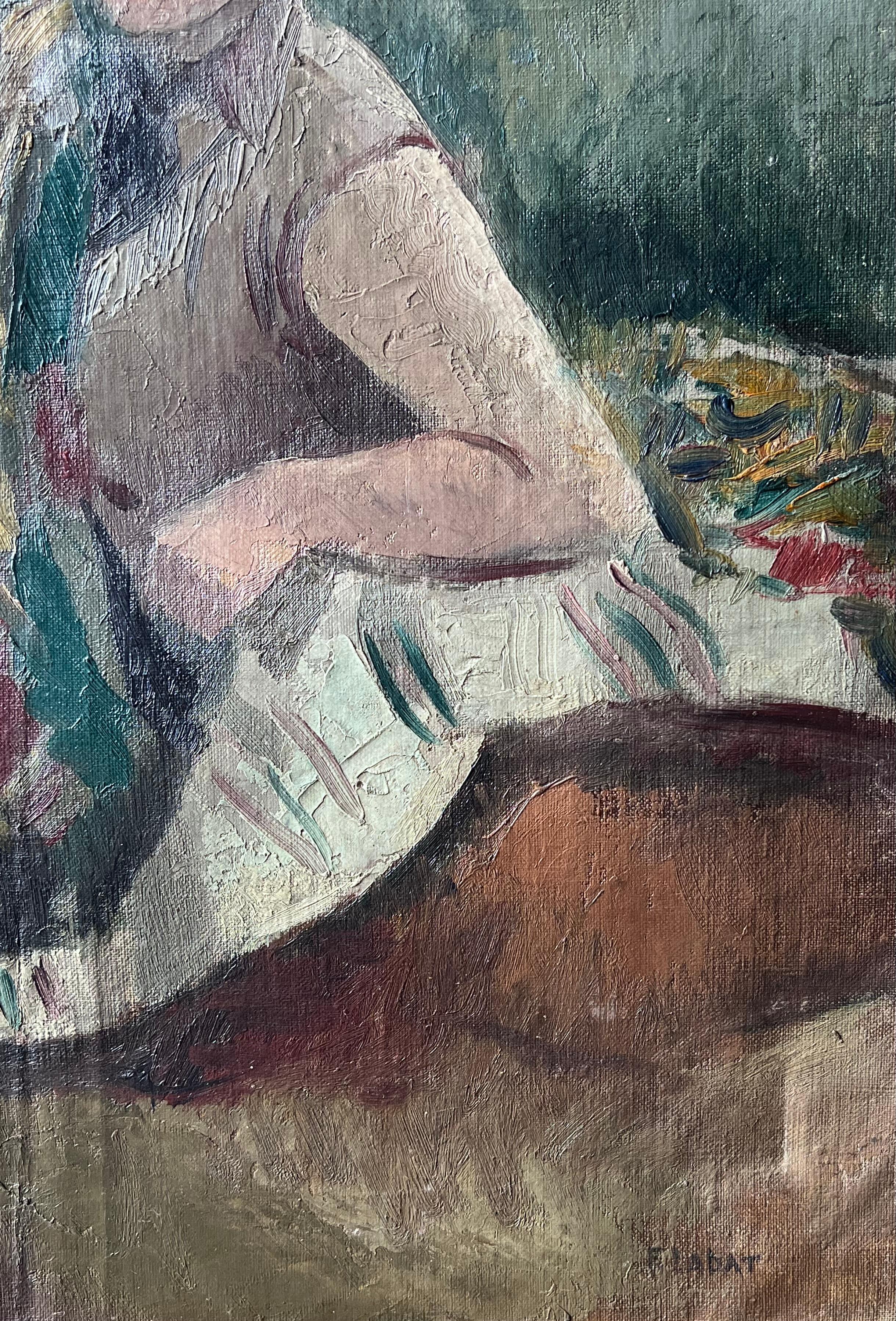 1930's Französisch Post Impressionist signiert Porträt Dame Künstler Studio Interieur (Grau), Interior Painting, von Antique French