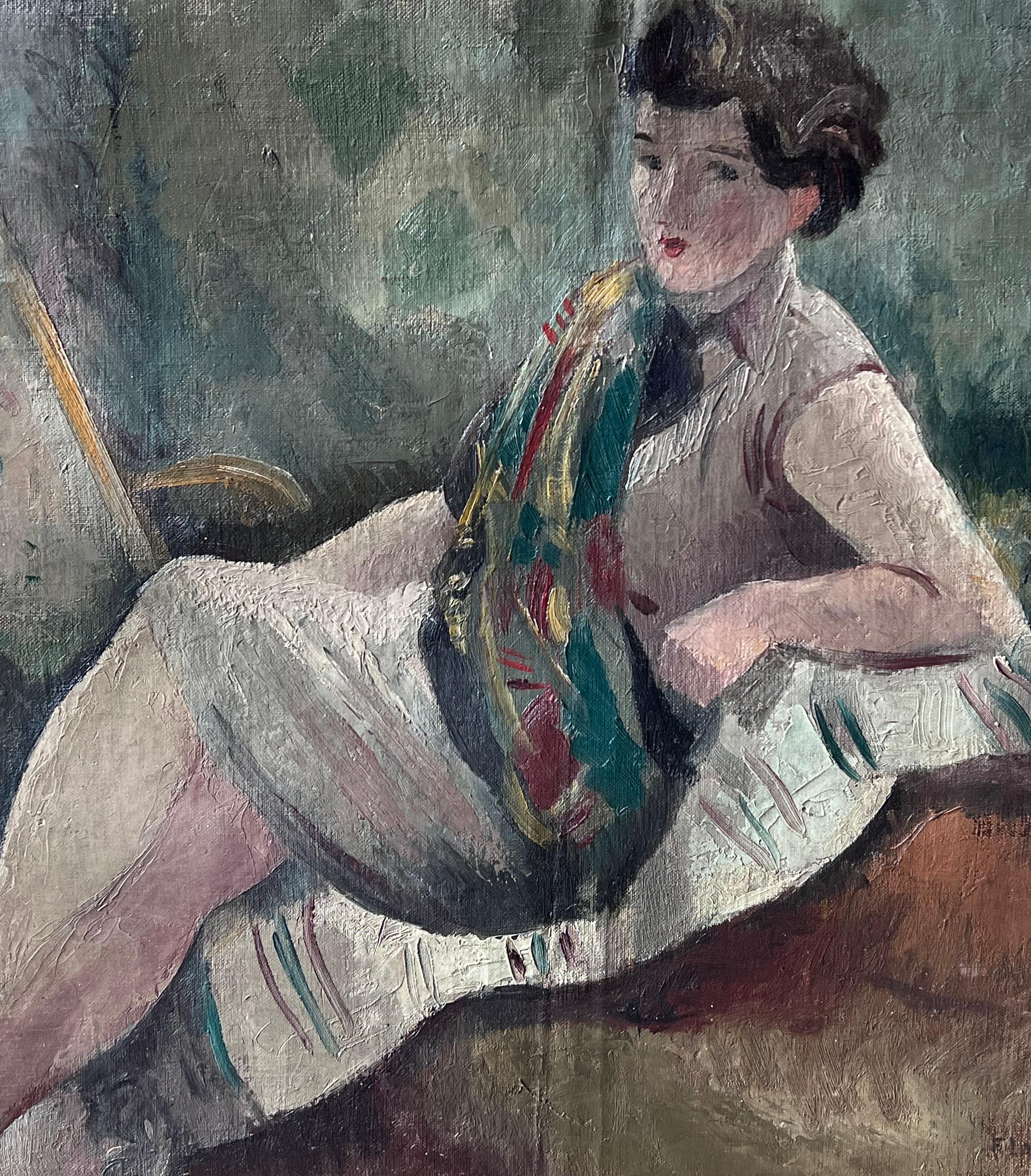 1930's Französisch Post Impressionist signiert Porträt Dame Künstler Studio Interieur im Angebot 3