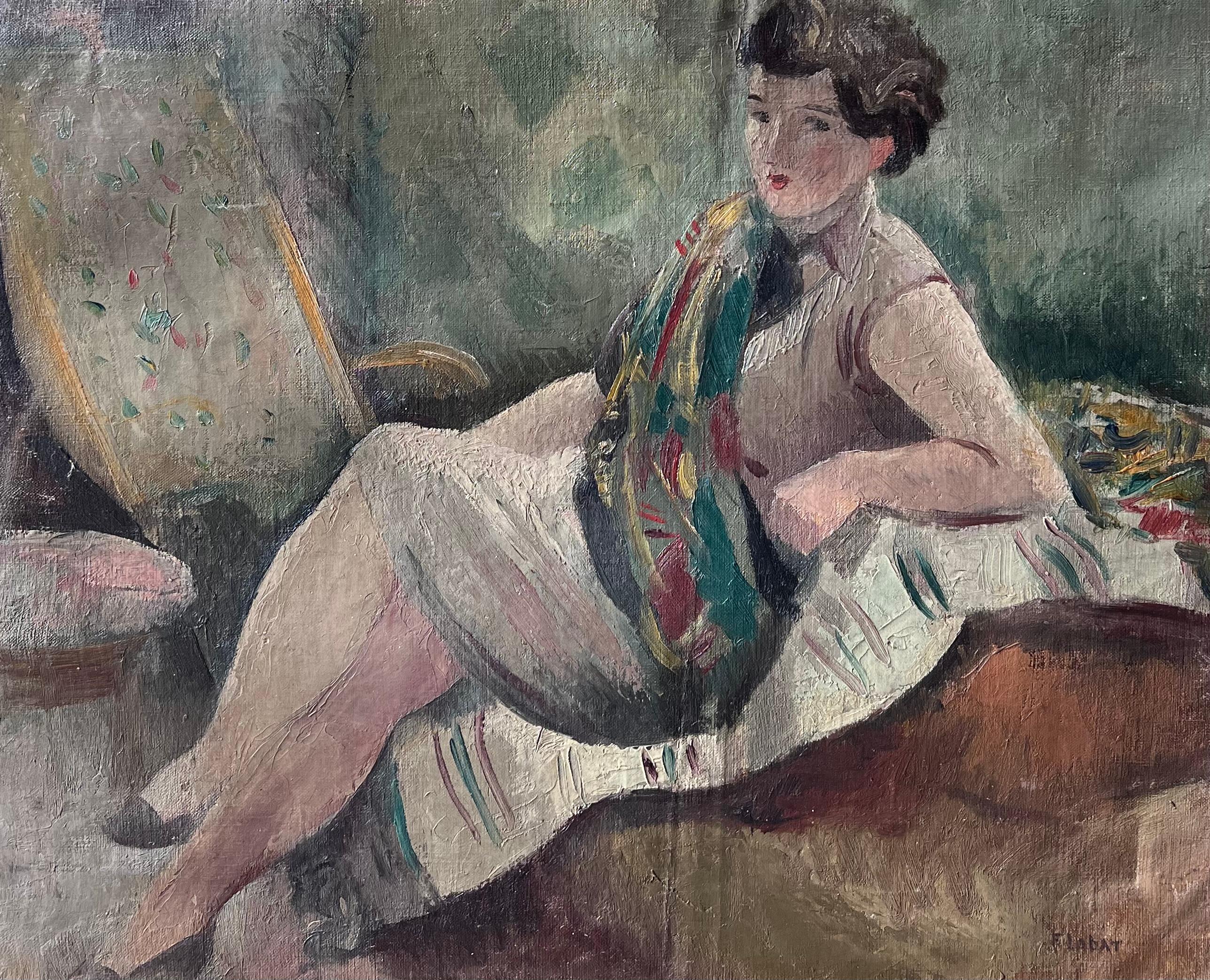 1930
s French Post Impressionist Signed Portrait Lady Artists Studio Interior
