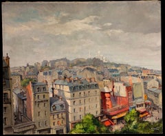 1940's Signed French Oil Painting Paris City Roof Tops View of Montmartre