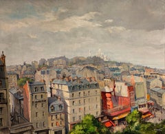 1940's Signed French Oil Painting Paris City Roof Tops View of Montmartre