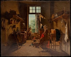 19. Jahrhundert Französisch Öl Traditionelle Küche Interieur Zwei Frauen Nähen und Kind