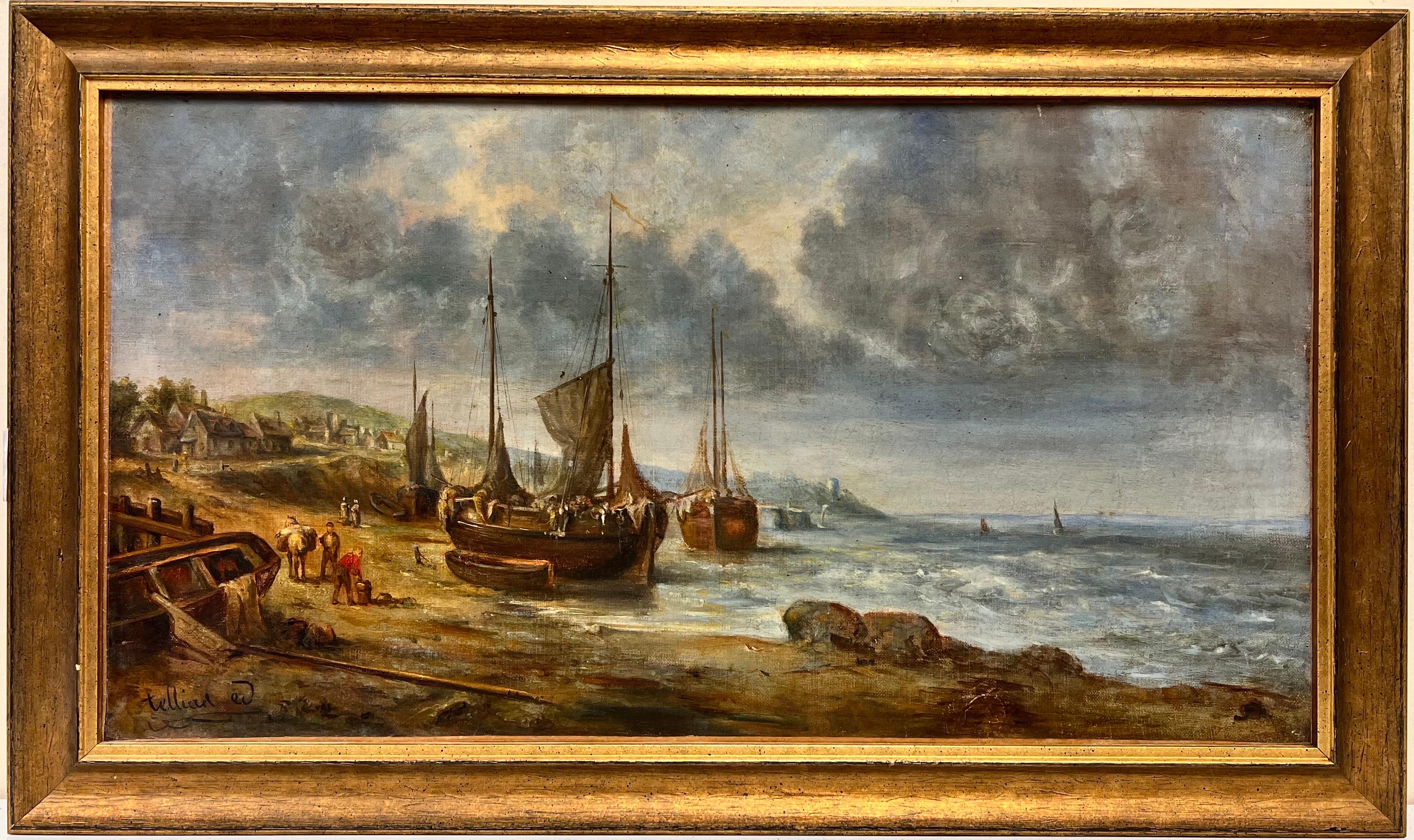 Landscape Painting de Antique French - Siglo XIX Óleo francés firmado Paisaje marino costero Pescadores en la playa