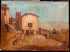 Antique 19th Century French Landscape Old Southern France Town & Buildings