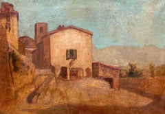 Antique 19th Century French Landscape Old Southern France Town & Buildings