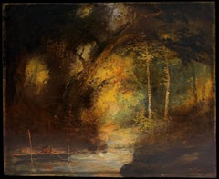 Antique French Barbican Signed Oil Painting Figure in Boat Woodland Stream