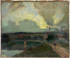 Antique French Impressionist Signed Oil Painting Figures Walking Home at Sunset