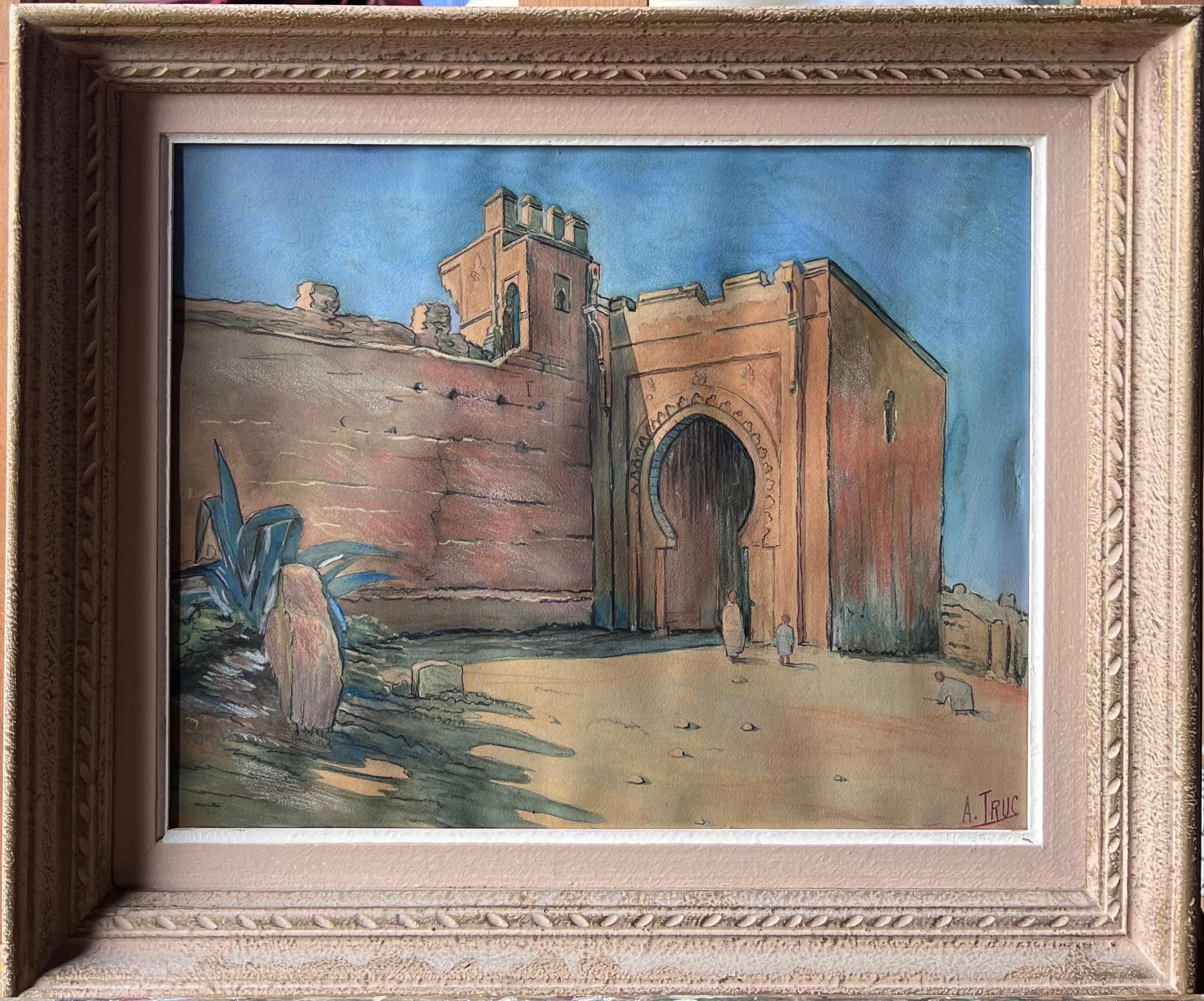 Antique French Orientalist signiert Malerei nordafrikanischen Stadttore 
Figur