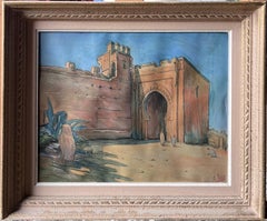 Antique French Orientalist Signed Painting North African City Gates & Figure