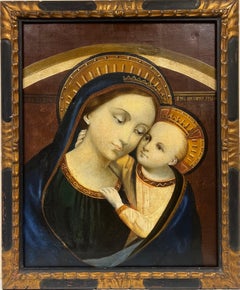 Peinture à l'huile ancienne encadrée de style Renaissance française représentant Madone et enfant du Christ