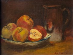 Antique French Signed Oil Painting Still Life of Apples on Table Soft Light