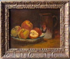 Antique French Signed Oil Painting Still Life of Apples on Table Soft Light
