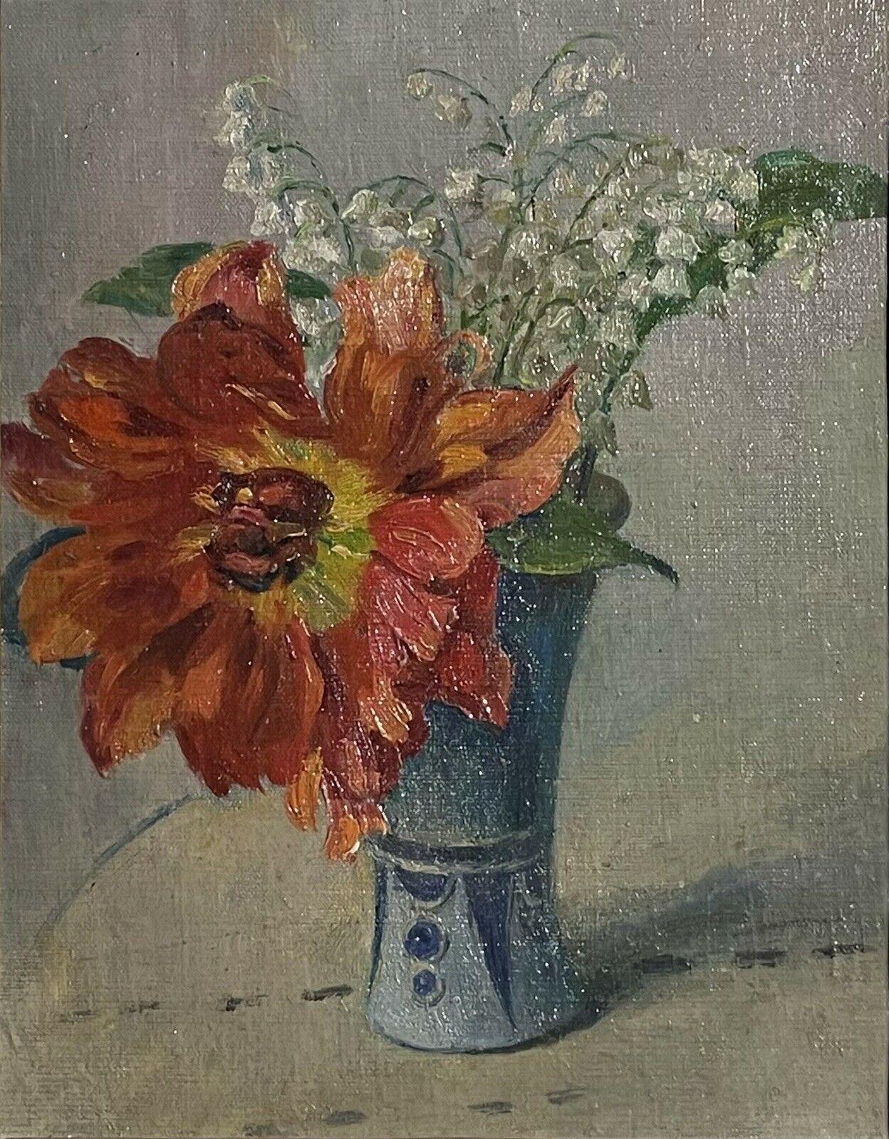 Early 1900's French Oil Red & White Flowers in Blue Vase, Framed - Painting by Antique French
