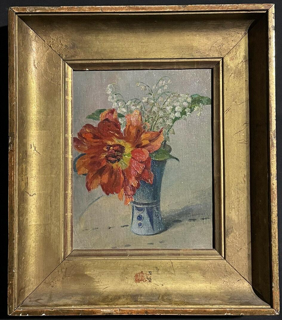Early 1900's French Oil Red & White Flowers in Blue Vase, Framed