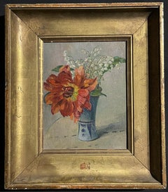 Antique Early 1900's French Oil Red & White Flowers in Blue Vase, Framed