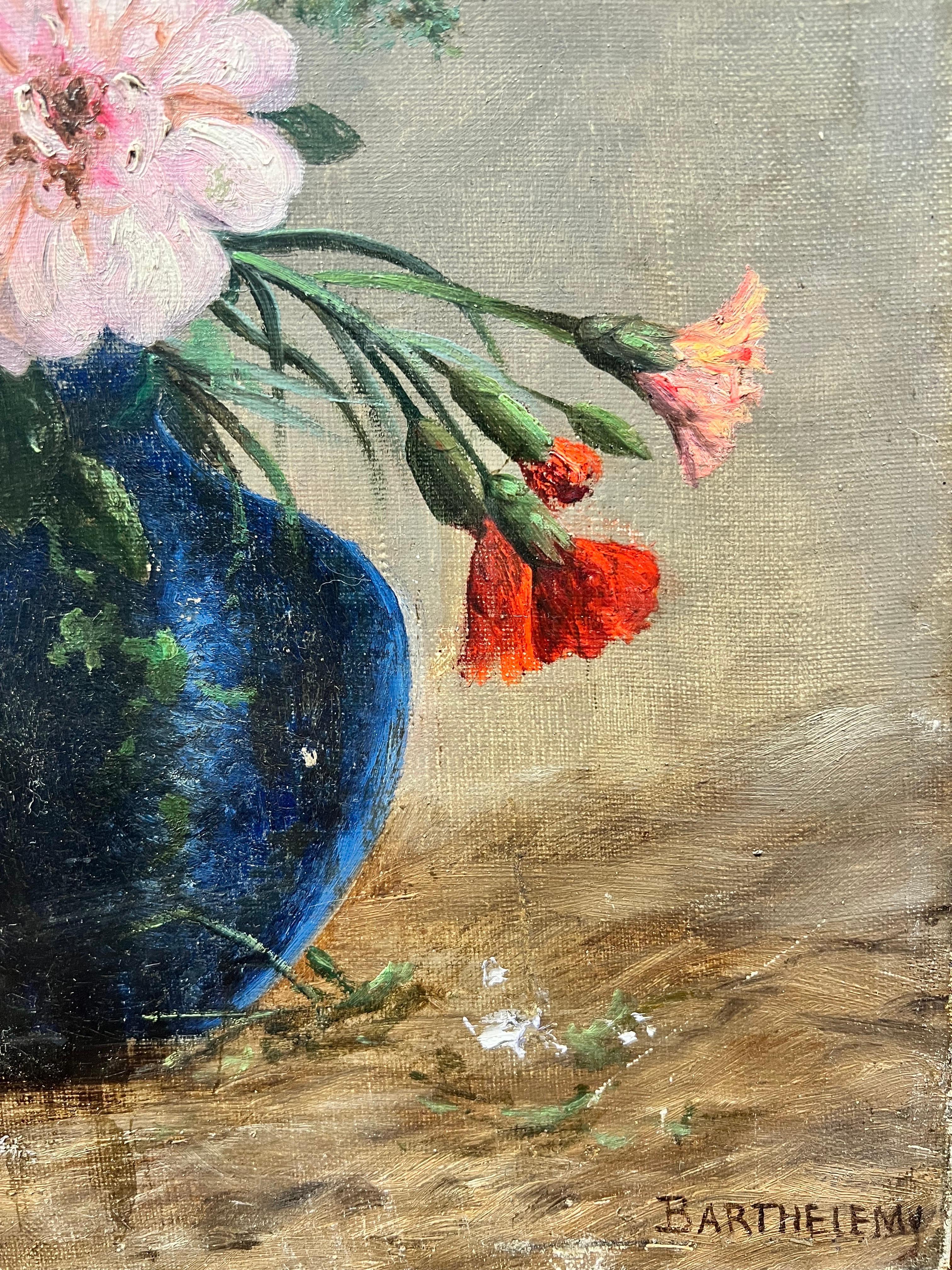 Artista/Escuela: Escuela francesa, finales del siglo XIX/principios del XX, firmado por Barthelemy

Título: Profusión de flores en un jarrón azul oscuro. 

Técnica: Óleo sobre lienzo colocado sobre tabla, sin enmarcar 

Tablero: 15,5 x 13