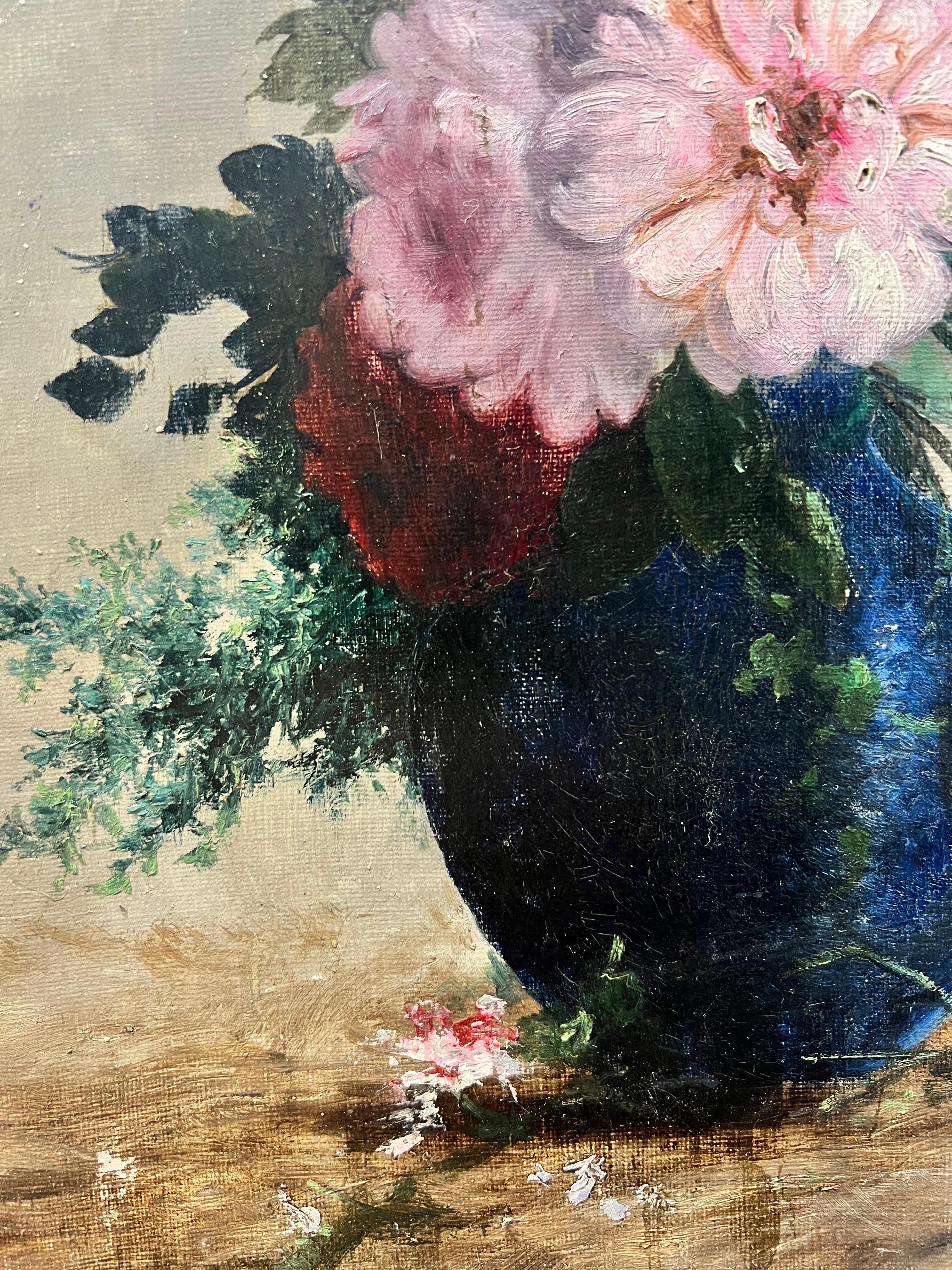 Fine Antique French Flower Painting, signed oil Beautiful Flowers in Blue Vase For Sale 2