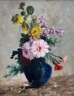 Fine Antique French Flower Painting, signed oil Beautiful Flowers in Blue Vase