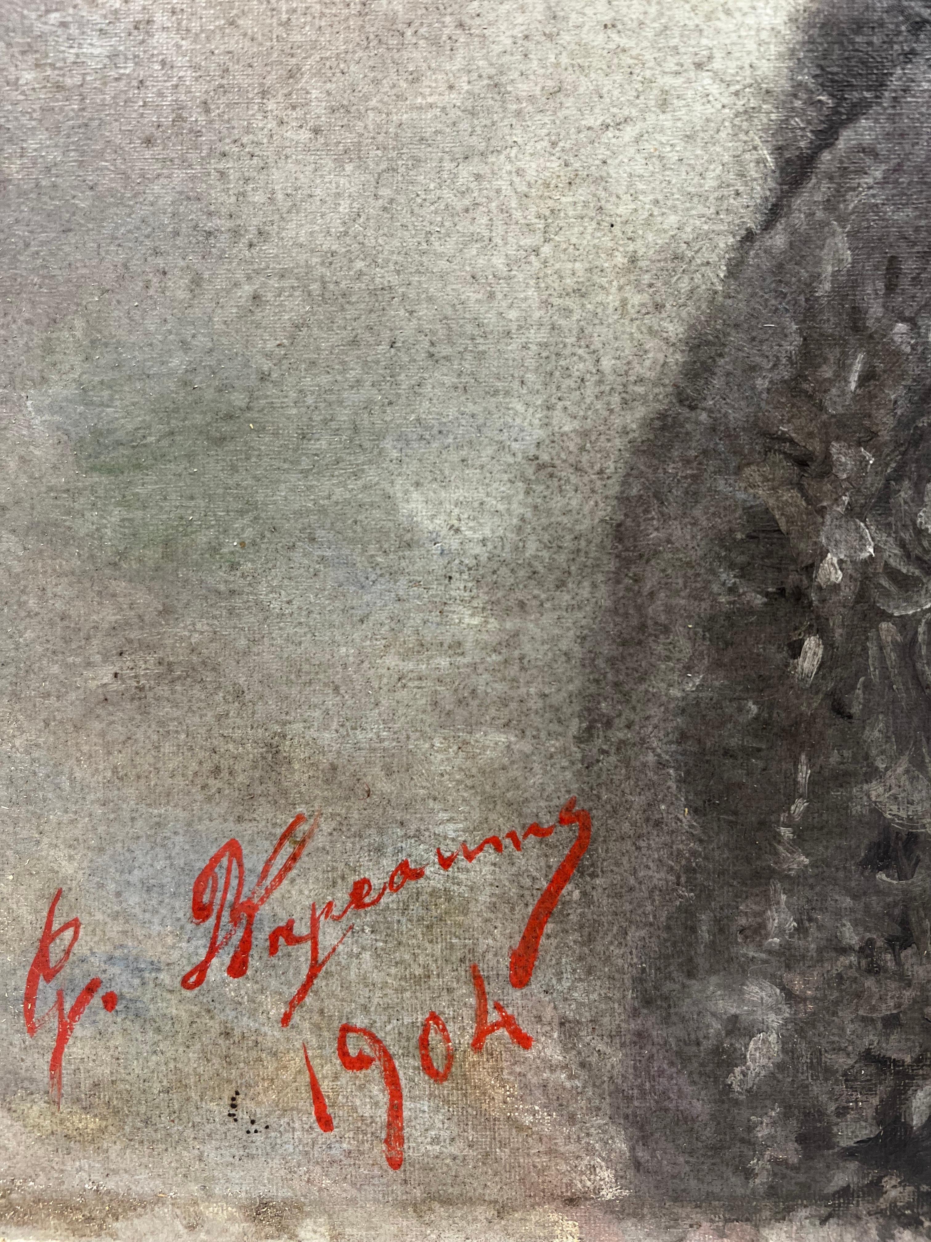 Raffinato dipinto a olio firmato in stile Antique French - Ritratto di signora con capelli grigi in vendita 4