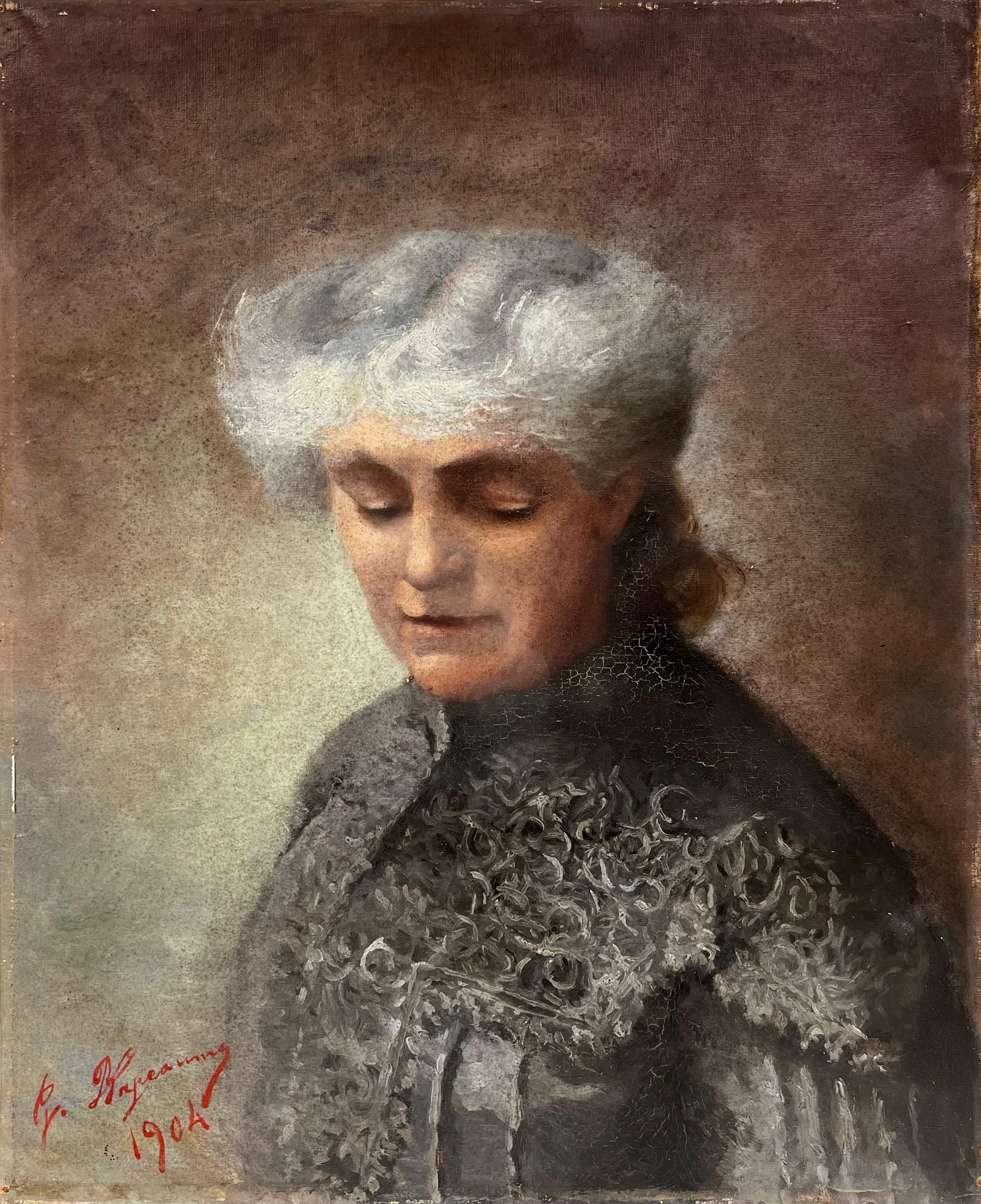 Artista/Scuola: Scuola francese, firmato e datato 1904 

Titolo: Ritratto di una signora anziana

Medium: olio su tela, senza cornice 

Tela: 24 x 20 pollici

Provenienza: collezione privata, Francia

Condizioni: Il dipinto è in condizioni generali