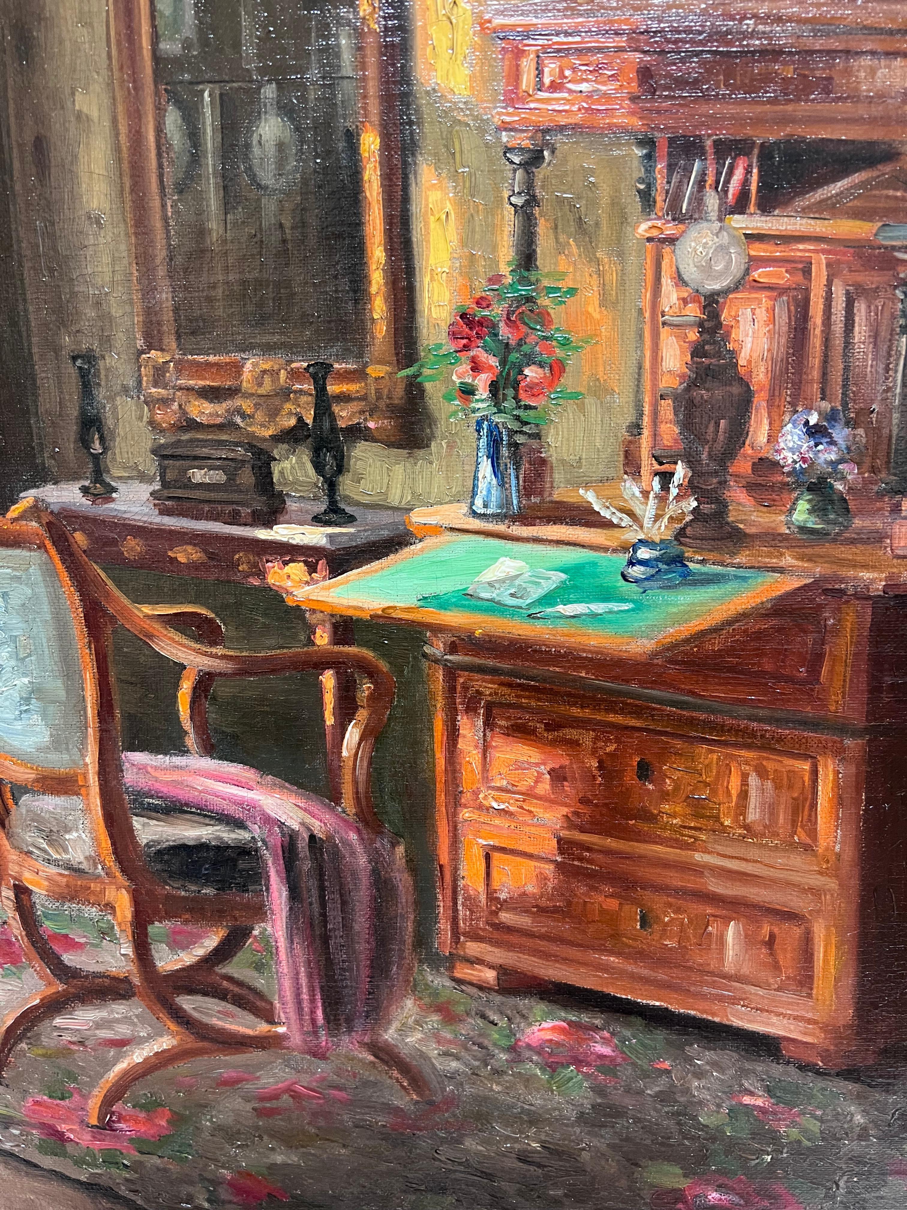 Énorme huile signée French Room 1900 Scène d'intérieur de salon Belle pièce en vente 5