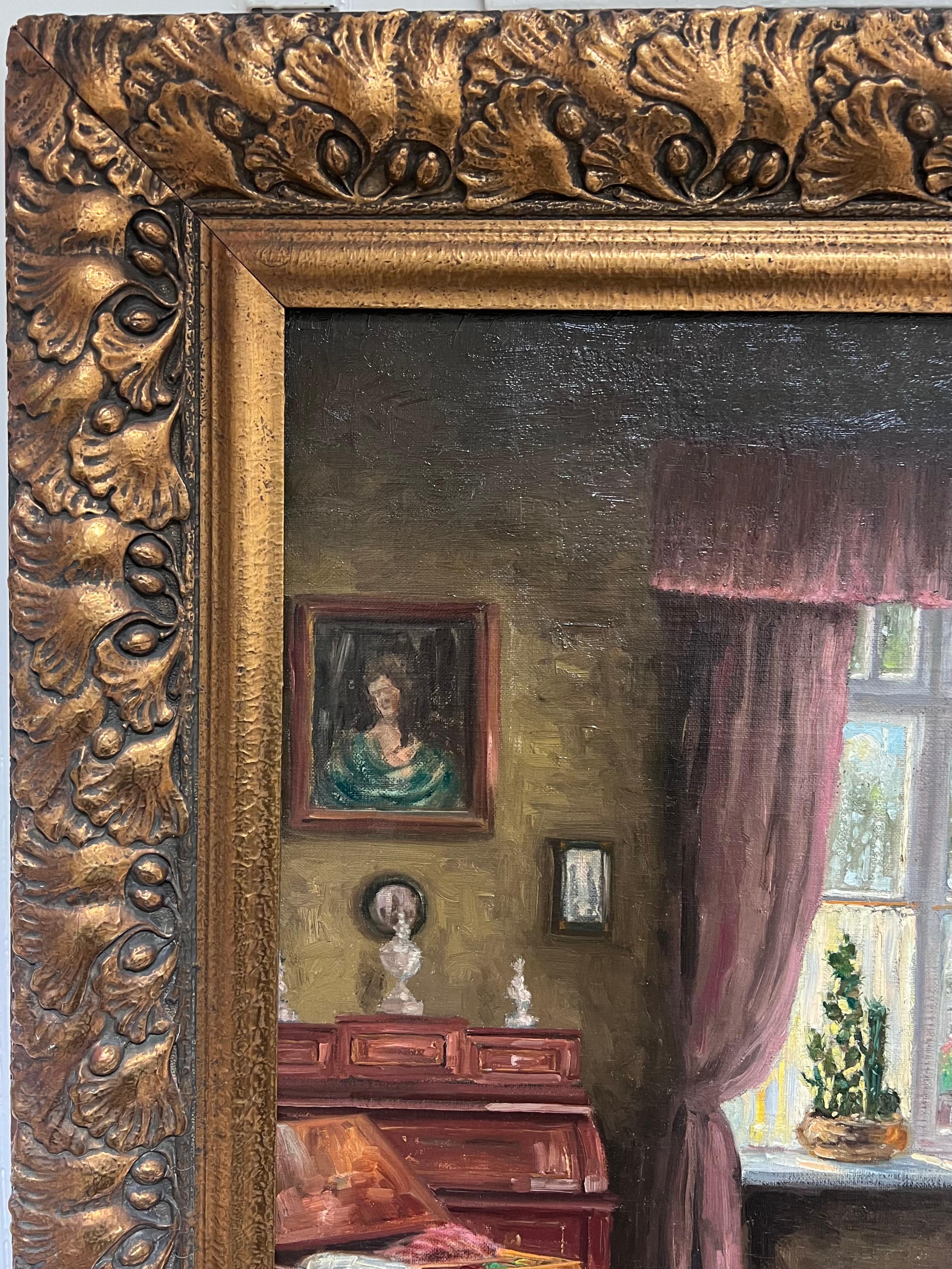 Énorme huile signée French Room 1900 Scène d'intérieur de salon Belle pièce en vente 7