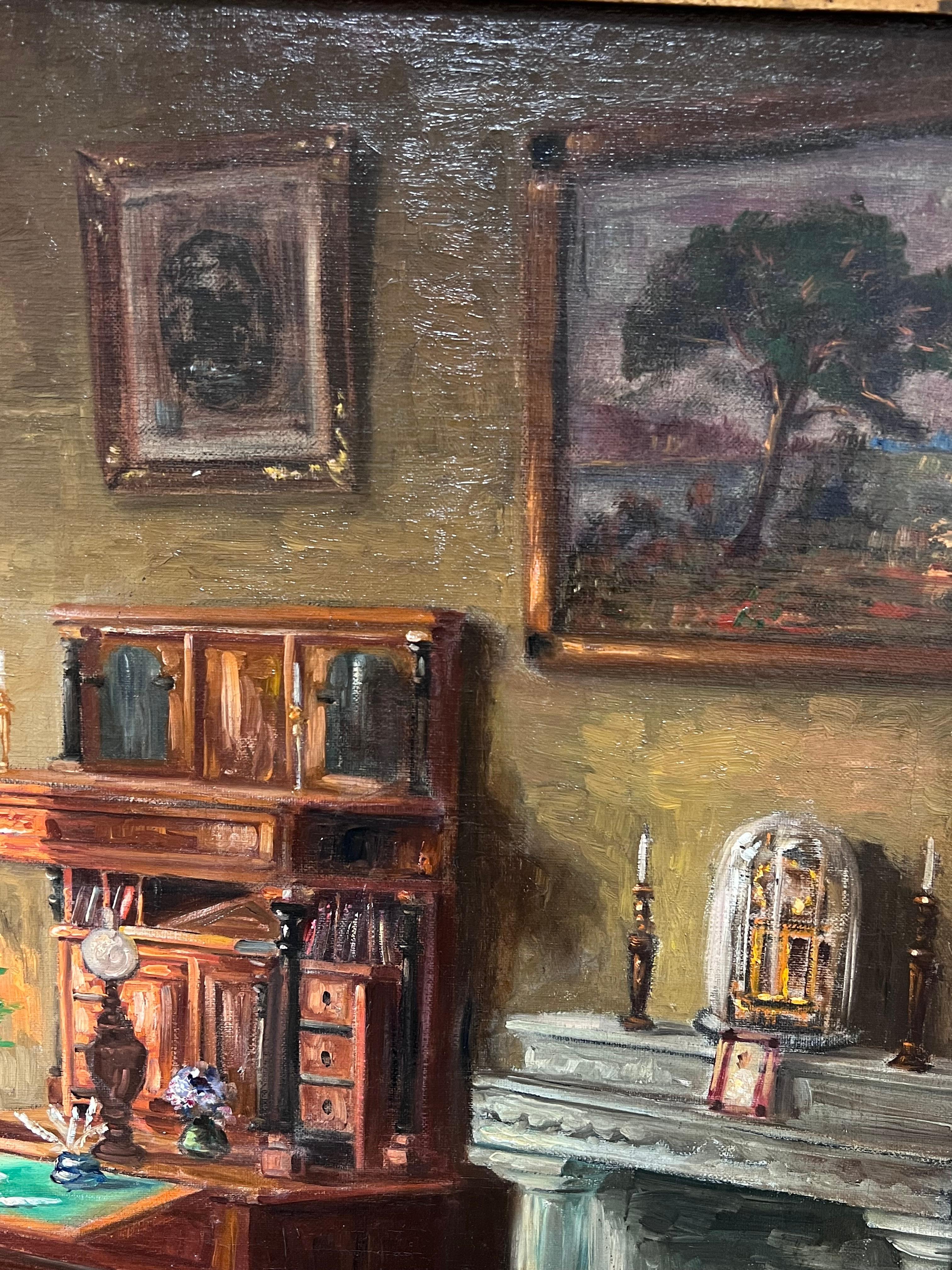 Énorme huile signée French Room 1900 Scène d'intérieur de salon Belle pièce en vente 8