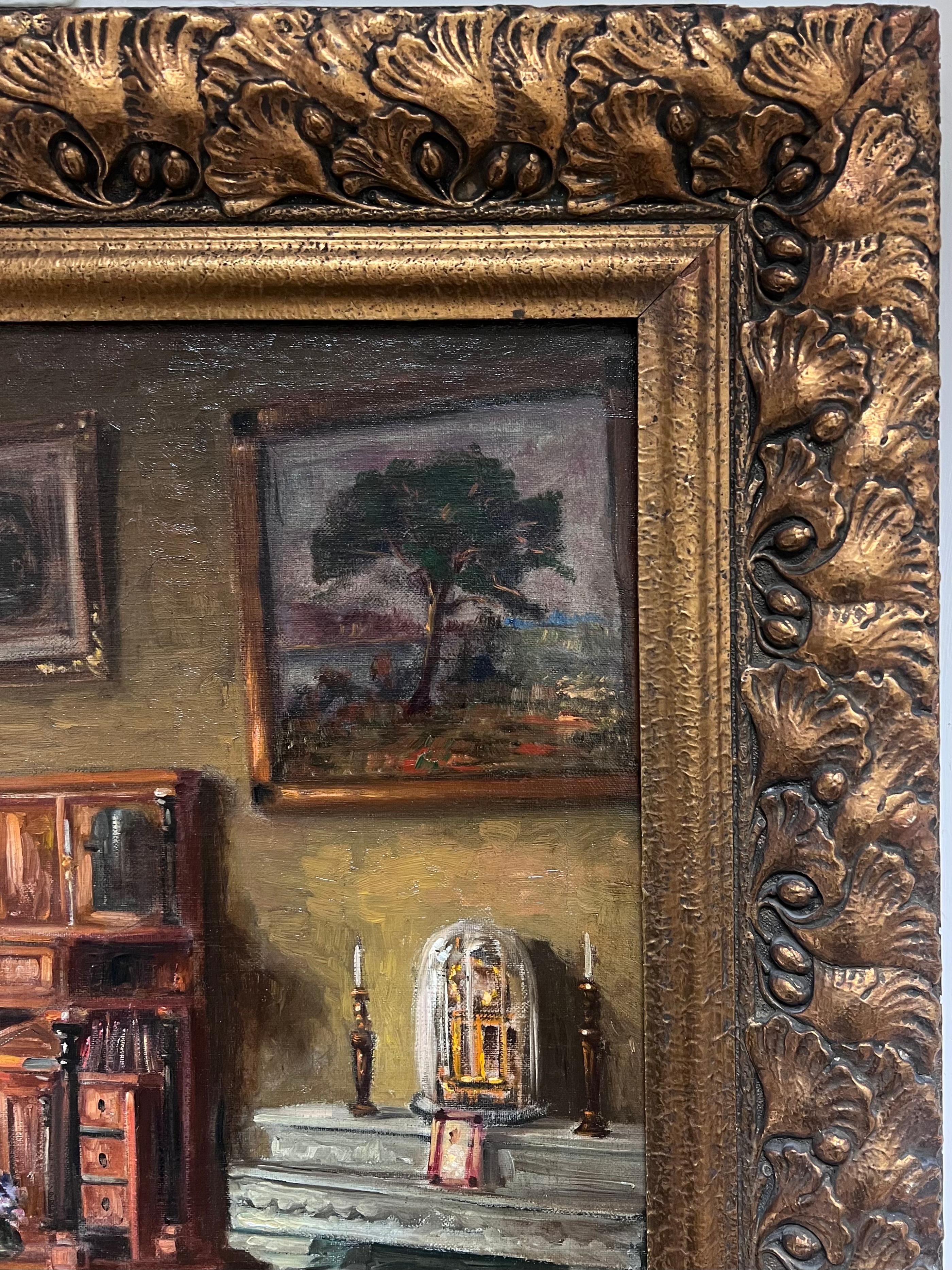 Énorme huile signée French Room 1900 Scène d'intérieur de salon Belle pièce en vente 9