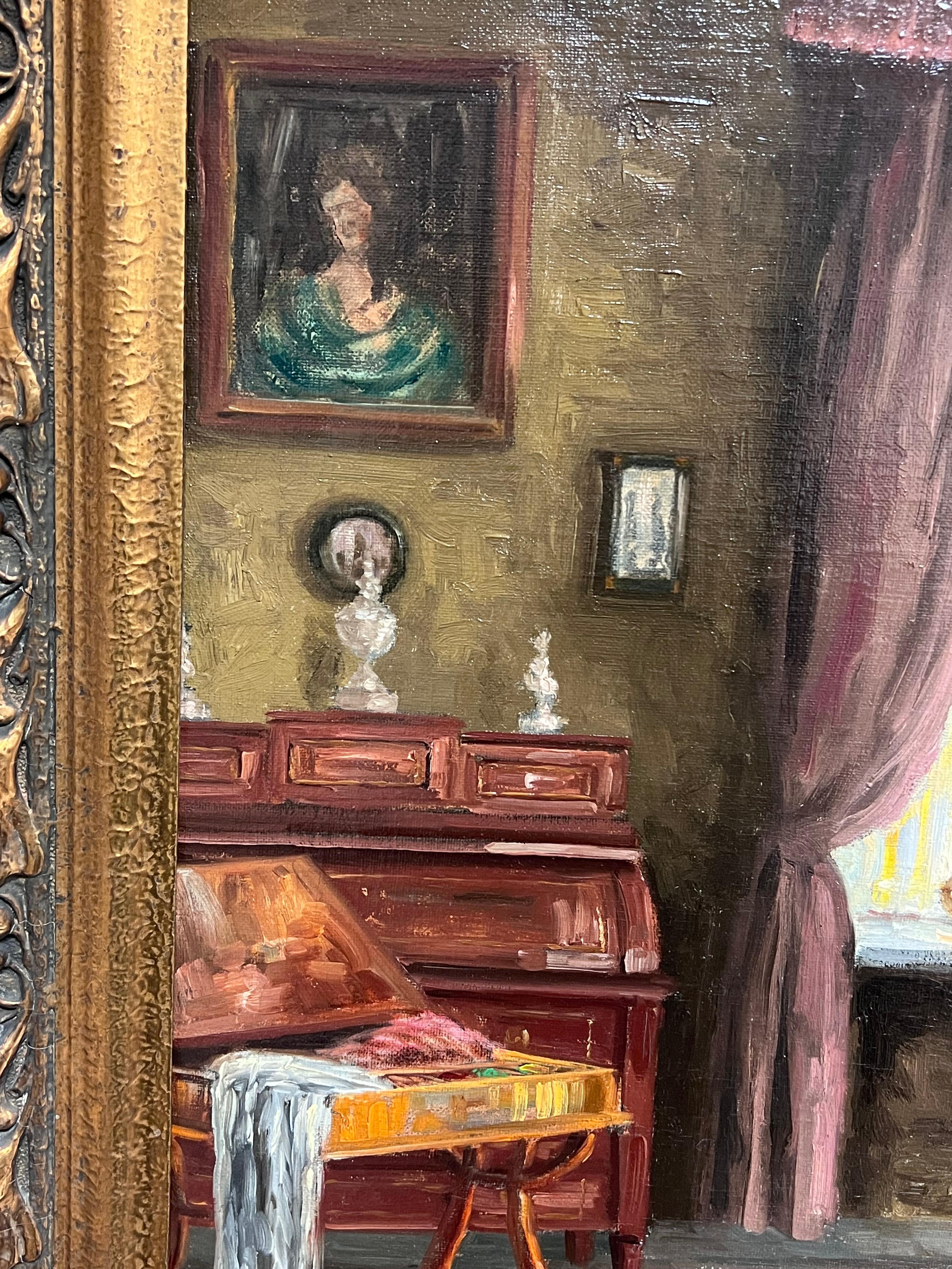 Énorme huile signée French Room 1900 Scène d'intérieur de salon Belle pièce en vente 10