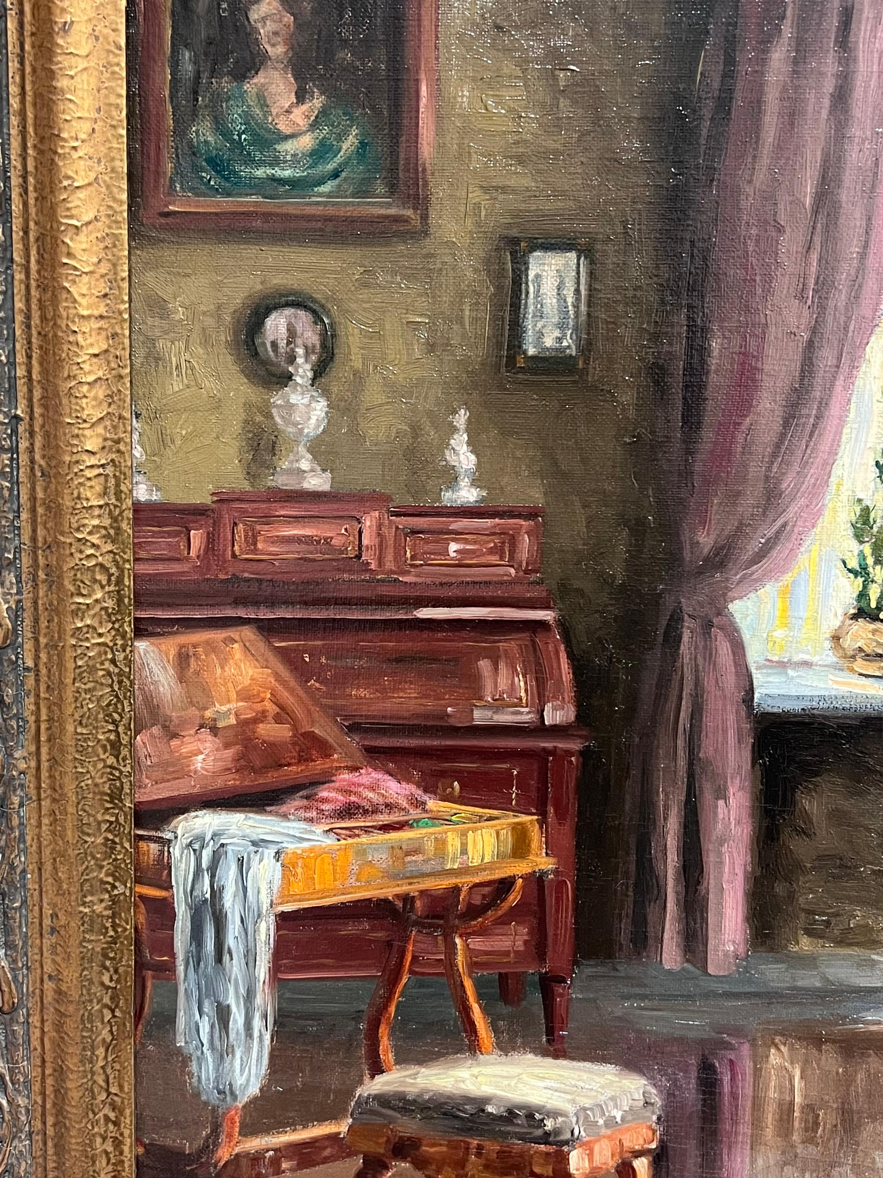 Énorme huile signée French Room 1900 Scène d'intérieur de salon Belle pièce en vente 11