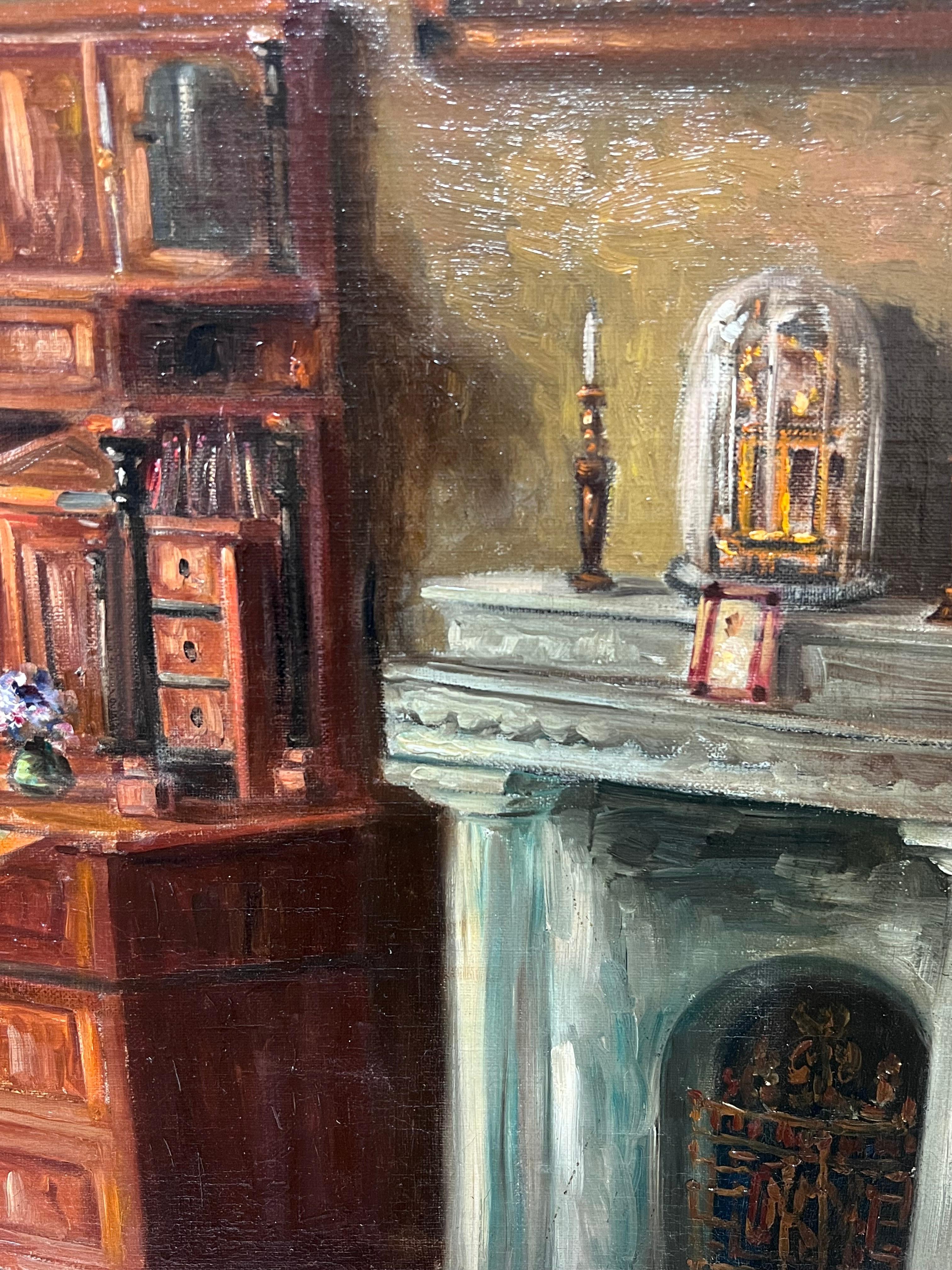 Énorme huile signée French Room 1900 Scène d'intérieur de salon Belle pièce en vente 12